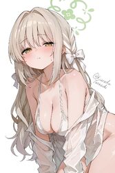 1girl bikini blue archive blush bottomless bow bra braid breasts cleavage closed mouth commentary request flower halo f…