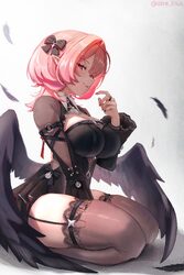 1girl absurdres between legs black bow black dress black thighhighs black wings bow breasts chest belt commentary dire …