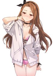 1girl 3  absurdres arm behind head averting eyes b1ack illust bikini bikini under clothes black choker black hairband b…