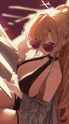 1girl absurdres black one-piece swimsuit blue archive book breasts brown hair chinese commentary commentary earrings ha…