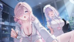 2girls azur lane bent over blush breasts cardiogram cleavage clipboard curtains dress elbow gloves eyelashes flower in …
