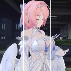 1girl 3d animated bare shoulders breasts commentary detached sleeves dress feathered wings hair ornament hair over one …