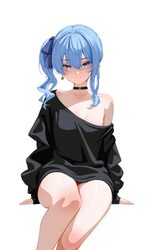 1girl bare legs black choker black sweater blue eyes blue hair blue ribbon blush breasts choker collarbone commentary d…