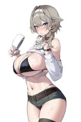 1girl absurdres bikini bikini under clothes black bikini black thighhighs blue eyes breasts cleavage commentary cowboy …