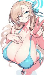 / 1girl alternate costume artist logo asuna (blue archive) bare shoulders bikini blonde hair blue archive blue bikini b…