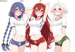 3girls absurdres ahoge arms behind back ass visible through thighs blue eyes blue hair blush braid breasts brown eyes c…
