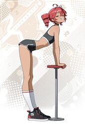 1girl absurdres ahoge alternate skin color artist name black shoes black shorts black sports bra commentary dark-skinne…