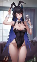 1girl adjusting clothes adjusting headwear alternate costume animal ear hairband animal ears asymmetrical horns bare sh…