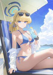 1girl absurdres alternate costume beach bikini blonde hair blue archive blue bikini blue eyes blue hair blue halo blue …