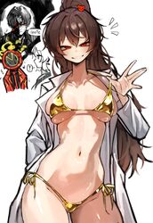 1boy 1other 2girls ? absurdres alternate costume bikini breasts brown hair carmen (project moon) coat commentary dante …
