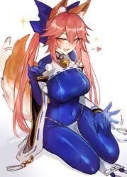1girl absurdres alternate costume animal ear fluff animal ears bell blue bodysuit blue bow bodysuit bow breasts comment…