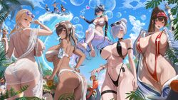 1boy 6+girls  d aqua hair arm strap ass ass visible through thighs back backboob bare shoulders barefoot beach bikini b…