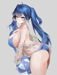 1girl absurdres alternate breast size (larger) alternate costume ass bare shoulders bikini blue bikini blue eyes blue h…