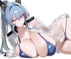 1girl alternate breast size (larger) bikini blue bikini blue eyes blue hair breasts cleavage commentary request gloves …