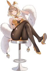 1girl absurdres ahoge alternate costume animal ears anis (nikke) black pantyhose bow breasts brown hair chair cleavage …
