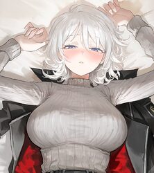 1girl arkimedes arms up belt black belt black jacket blue eyes blush breasts commentary faust (project moon) half-close…