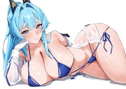 1girl absurdres big ddos bikini blue bikini blue eyes blue hair blush breasts cleavage commentary curvy gloves goddess …