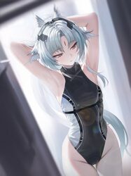1girl animal ears arcane (arknights) arknights arknights  endfield armpits arms up bird ears bird girl black leotard bl…