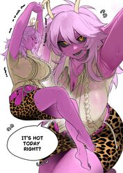 1girl alternate costume animal print armpit focus armpits arms up ashido mina bare legs barefoot belt black choker blac…