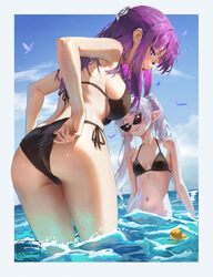 2girls absurdres adjusting clothes adjusting swimsuit ass bikini black bikini blue sky border breasts cleavage closed m…
