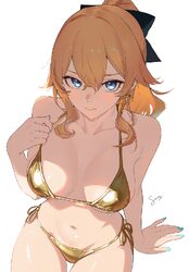 1girl alternate costume arm support bikini black bow blonde hair blue eyes blue nails blush bow breasts closed mouth co…