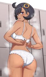 1girl ahoge ass black hair bra breasts changing room commentary request dark-skinned female dark skin emma (pokemon) lo…