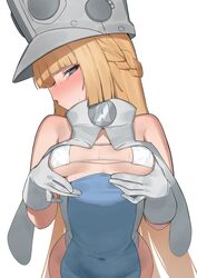 1girl bangboo (zenless zone zero) blonde hair blue dress blue eyes blunt bangs blunt ends blush bra braid breasts cover…
