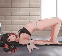 1girl  p armpits black hair blush body bridge bow breasts colored inner hair commentary english commentary from side ha…