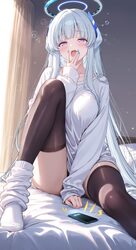1girl absurdres black thighhighs blue archive blue halo blue nails cellphone commentary request covering own mouth curt…