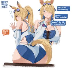 ! 1girl absurdres animal ears ass blonde hair blue one-piece swimsuit breasts detached sleeves english text goggles gog…