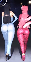 2girls absurdres animal ears ass bare shoulders blue hair commentary dress elbow gloves frikulu gloves halo hand on own…