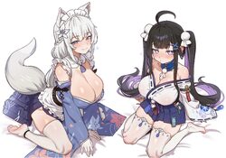 2girls absurdres ahoge animal ears bare shoulders barefoot black hair blue eyes blue hakama blue kimono blue skirt blus…