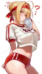 0nineo9 1girl absurdres ahoge blonde hair blush braid breasts buruma commentary fate/grand order fate (series) green ey…
