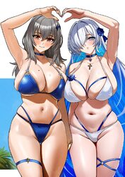 2girls  o arm up armpits azur lane bikini blue bikini blue eyes blue flower blue hair blue nails blue rose breasts bren…
