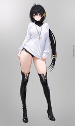 1girl alternate costume black boots black hair black shorts blush boots breasts commentary english commentary female ro…