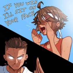 1boy 1girl ahoge blood blue sky blush brown hair clear sky closed eyes commentary empty eyes english commentary english…