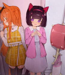 2girls animal ears backpack bag belt black hair black thighhighs blush derivative work dress hair ornament hairband hig…