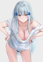 1girl blue hair breasts cleavage closed mouth collarbone commentary cross hair ornament dot nose downblouse extended do…
