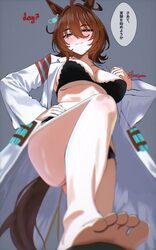 1girl agnes tachyon (umamusume) ahoge animal ears barefoot black bra black panties blurry blush bra breasts brown hair …