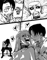 1boy 2girls belt collar black sclera collar colored sclera comic cuck chair (meme) cursed speech (jujutsu kaisen) dingo…