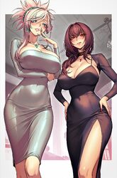 2girls black dress blue eyes blush breasts cleavage commentary dress earrings fate/grand order fate (series) grey dress…
