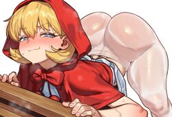 1girl ass b.b. hood bent over blonde hair blue eyes blush bow bright pupils closed mouth commentary darkstalkers ebora …
