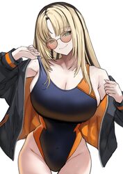 1girl absurdres alternate costume black jacket black one-piece swimsuit black streaks blonde hair breasts cleavage clos…