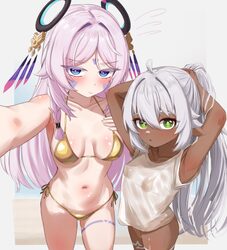 2girls adjusting hair alternate costume armpits arms behind head bikini blue eyes blush breasts breasts apart citlali (…