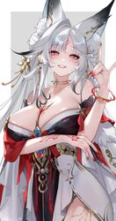1girl animal ear fluff animal ears arm tattoo bare shoulders black dress blue gem blunt bangs body markings border brac…