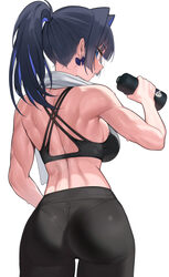 1girl absurdres ass back black pants blue eyes blue hair bottle bow bow earrings breasts colored inner hair commentary …