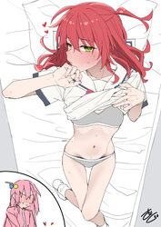2girls absurdres bed bed sheet blush bocchi the rock! bra breasts brown sailor collar brown shirt closed mouth clothes …