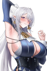 1girl absurdres arm up armpit focus armpits ascot bare shoulders blue dress blush breasts closed mouth clothing cutout …