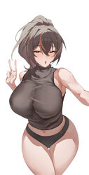 1girl absurdres bare shoulders black hair black panties black shirt blush breasts commentary request curvy highres larg…