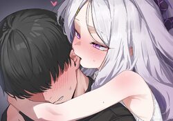 1boy 1girl absurdres arms around neck biting biting ear black horns black shirt blue archive blush commentary request h…
